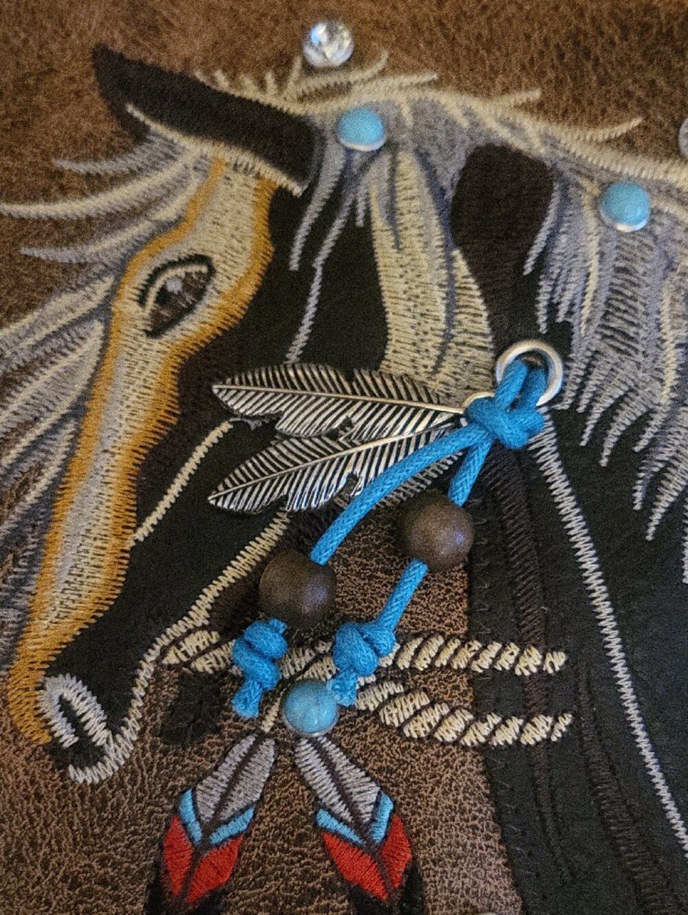 Fringed Brown Horse Embroidered Crossbody Bag with Turquoise Accents - Picture 13 of 15
